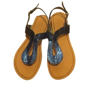 Electric Blue Faux Snakeskin Flat T Strap Style Sandals